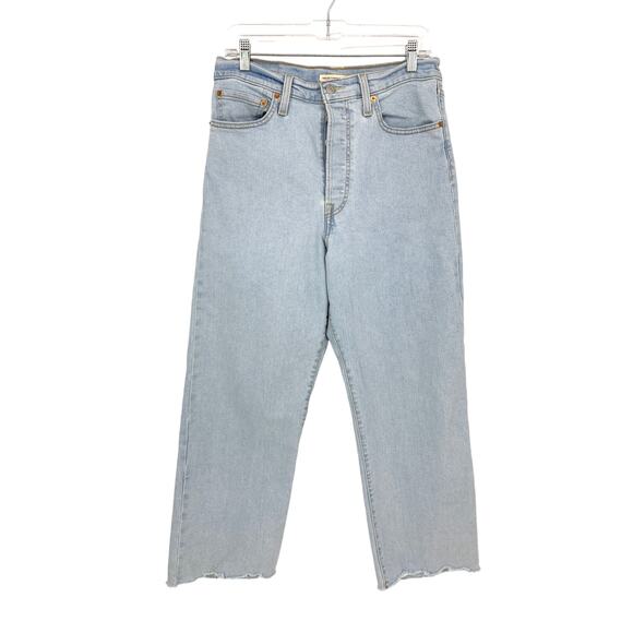 Levis Jeans Womens 30 Ribcage Straight Ankle Light Wash Denim Raw Hem Button Fly - Picture 1 of 8